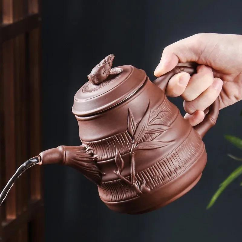 Tetera de arena púrpura Yixing, tetera de bambú de primavera de gran capacidad con filtro de acero inoxidable, tetera de barro rojo, juego de té grande de kung fu