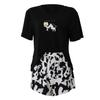 2 sztuk/zestaw Zestaw piżam damskich z krótkim rękawem O Neck Kreskówka krowa T-shirt z nadrukiem Sznurek Elastyczny pas Krótkie spodnie Homewear Top Zestaw szortów Lady