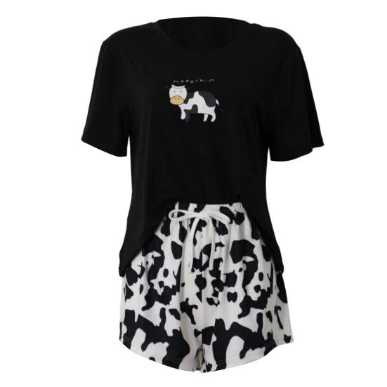 2 sztuk/zestaw Zestaw piżam damskich z krótkim rękawem O Neck Kreskówka krowa T-shirt z nadrukiem Sznurek Elastyczny pas Krótkie spodnie Homewear Top Zestaw szortów Lady