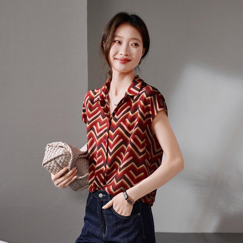 SOFSIL Women's 2026 Summer Silk Geometric Stripe Short Sleeve Lapel Shirt