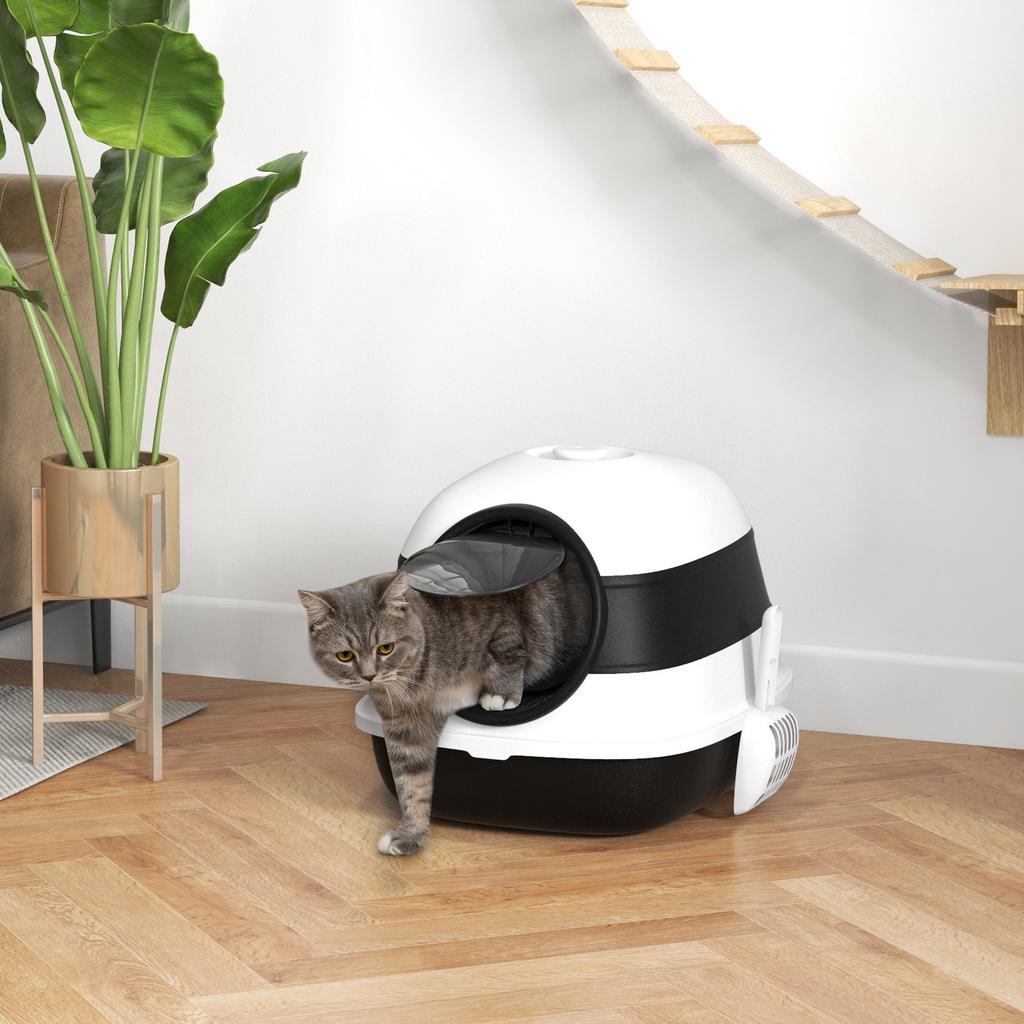 Closed Cat Litter Box with Lid, Scoop and Deodorizer, Foldable Design, 52x41x38 cm, White and Black