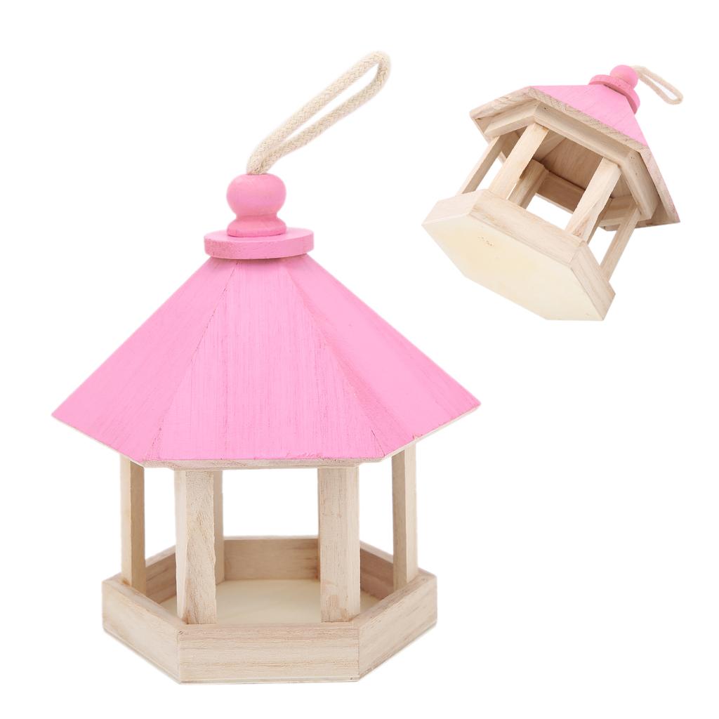 Wooden Bird Feeder Handmaking Outdoor Hanging Parrots Birdhouse Feeder with RoofPink