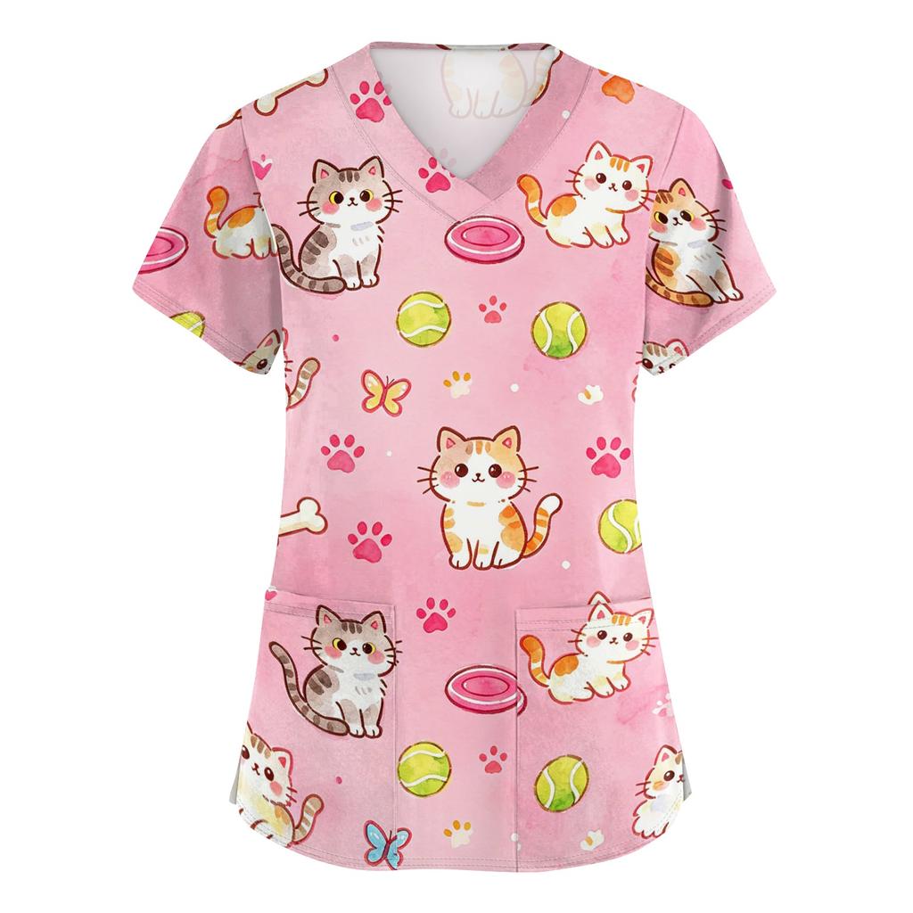 Women's V Neck Short Sleeve Work Top with Pockets Animal Print Medical Scrub Shirt for Healthcare Professionals Nursing Uniform