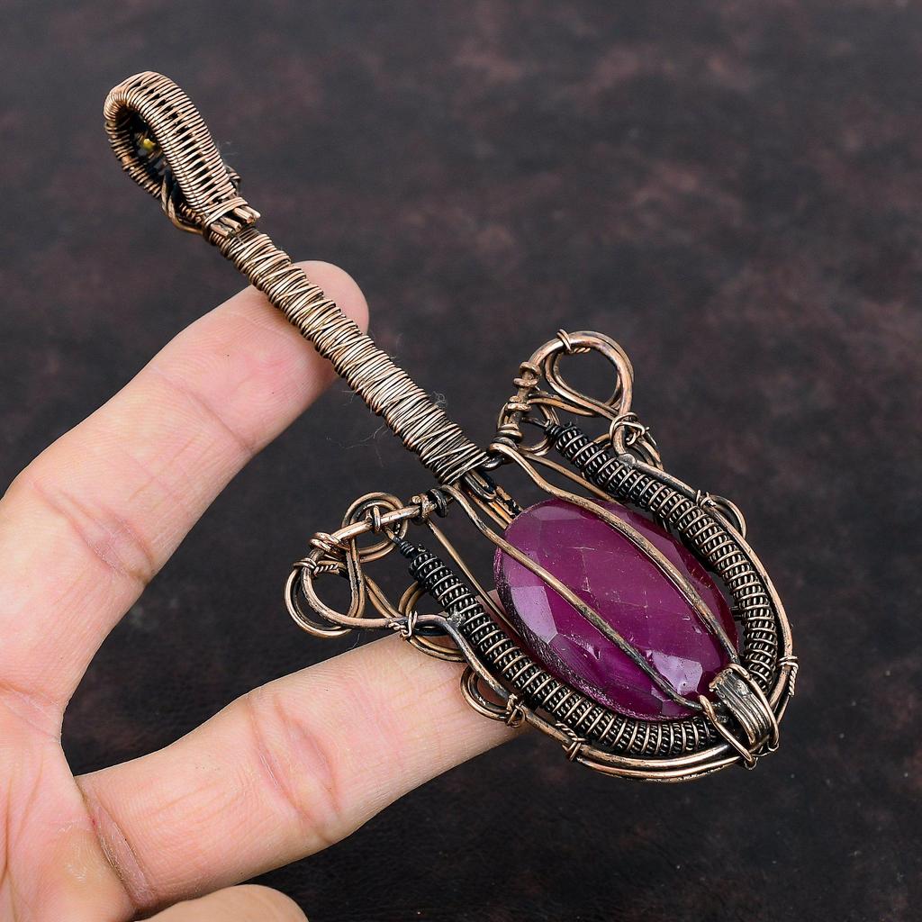Faceted Kashmir Ruby Pendant Copper Wire Wrapped Pendant Gemstone Pendant Guitar Jewelry Ethnic Pendant Handmade Copper Jewelry Gift For Mom
