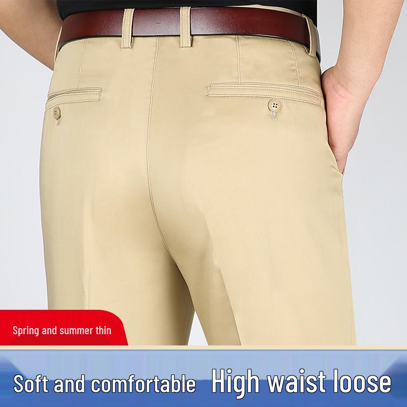 Men's High Waist Straight Leg Cotton Pants - Summer Casual, Solid Color, Middle-Aged, Loose Fit, Deep Crotch, Dad Trousers