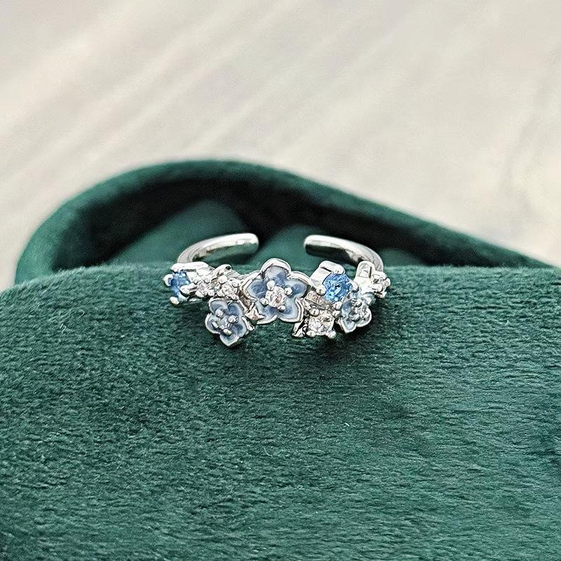 Star Flower Ring~ Blue Enamel Zircon Butterfly Flower Adjustable Opening Ring Women'S Niche Premium Ring