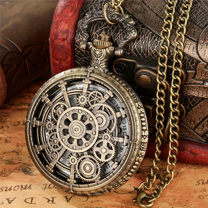 Vintage Hollow Steampunk Gear Design Quartz Pocket Watch with Necklace Pendant World-Time Feature Pointer Display Pocket Watch