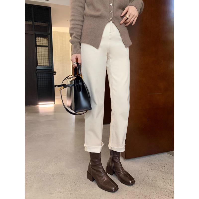 

! Shoes Square Head Washed Horse Skin Skinny Short Boots Thick Heel Side Zipper Small Ankle Boots Women 40