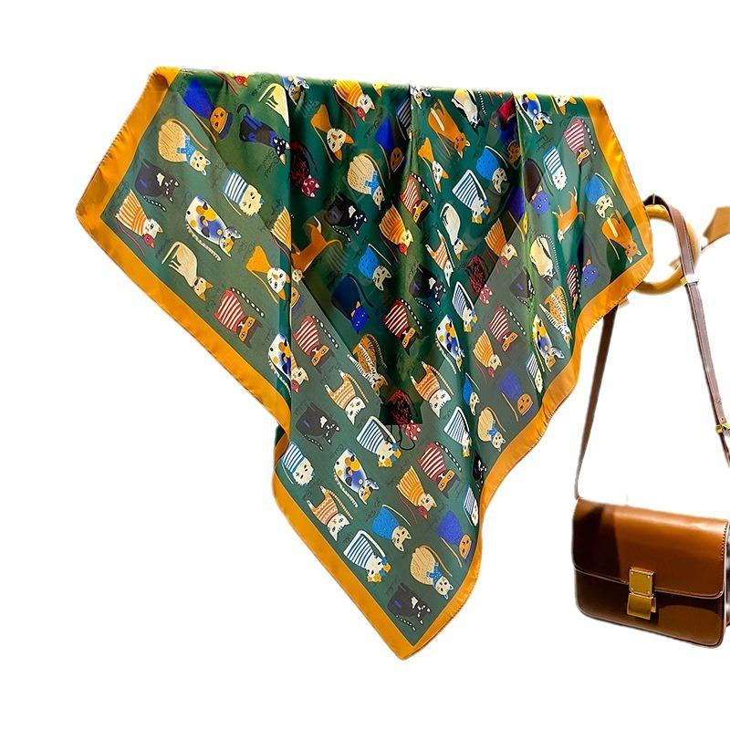 Square Silk Scarf Women Headbands Small Soft Neck Kerchief Cat Print Foularf Female Bandana Scarves Animal