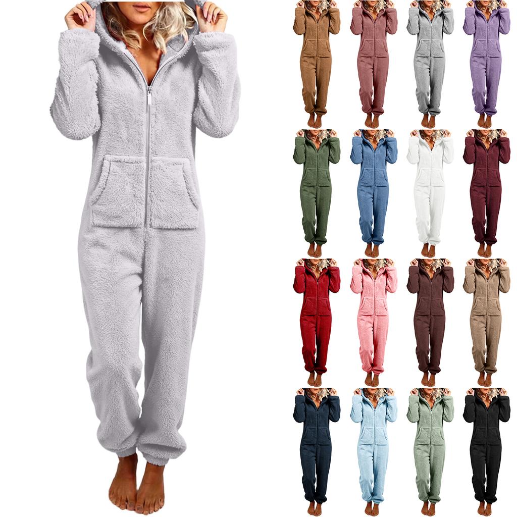 Women's Fashion Fleece-Lined Thickened Fleece Hooded Pyjamas With Zip-Up Onesie