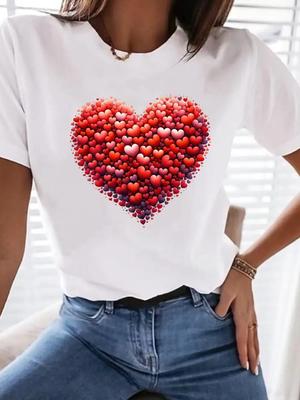 (Taille asiatique) Haut Femme Mode Femmes Doux Amour Cœur Vêtements T-shirt Manches Courtes Femme T-shirts Graphiques Imprimés