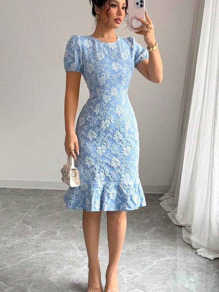 Overseas Summer New Arrival Small Daisy Relief Dress Slim Fit Mermaid Tail Short Sleeve