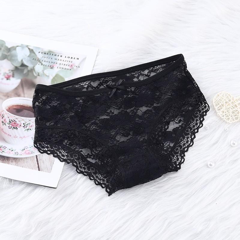 Girls' Sexy Lace Briefs Breathable Underwear with Butterfly Knot Carved Mid Air Waist Knickers Solid Color Women's Triangle Panties