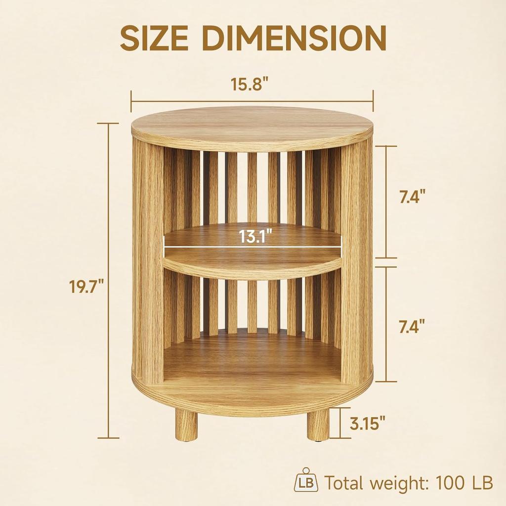 Round End Table, Wood Bedside Table, Mid Century Modern Nightstand with Open Storage Shelf, 3 Tier Small Side Tables for Living Room, Bedroom, Curved