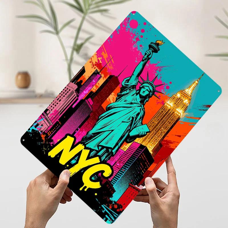 NYC Statue of Liberty Pop Art Metal Poster Customized Wall Art Retro Vintage Tinplate Signs for Interior Decoration Living Room