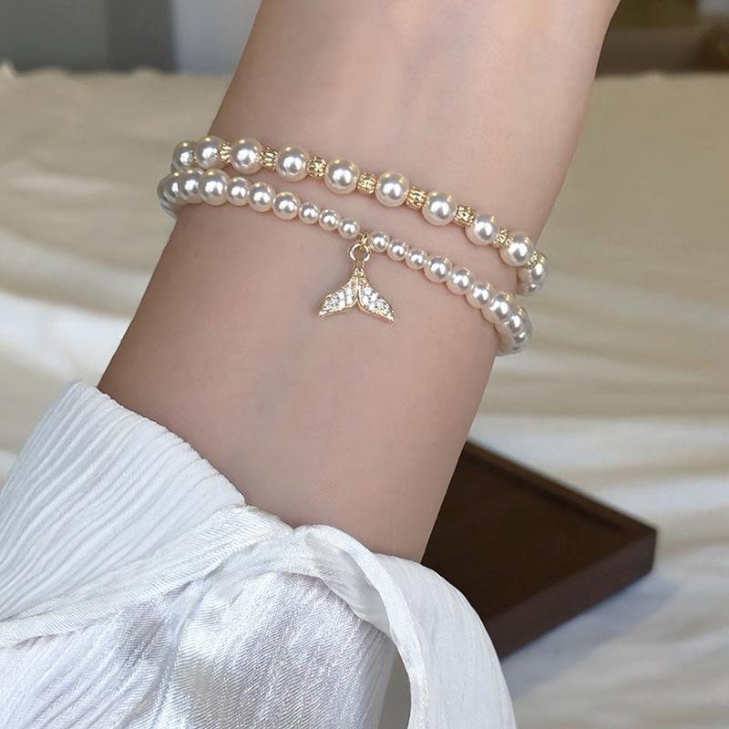 Korean Zircon Pearl Fishtail Double-layer Bracelet Personality Creative Design Sense Bracelet Fashion Temperament Versatile Jewelry Women