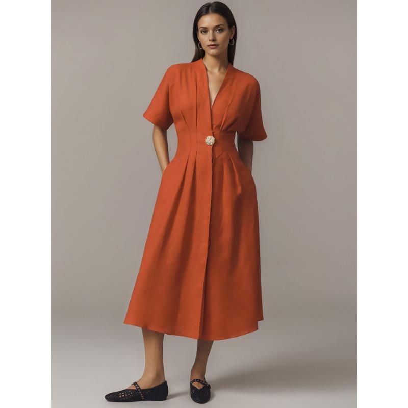 

Женское модное французское платье, V-образный вырез, короткие рукава, застежка спереди, свободное платье-рубашка с короткими рукавами и разрезом XL оранжевый