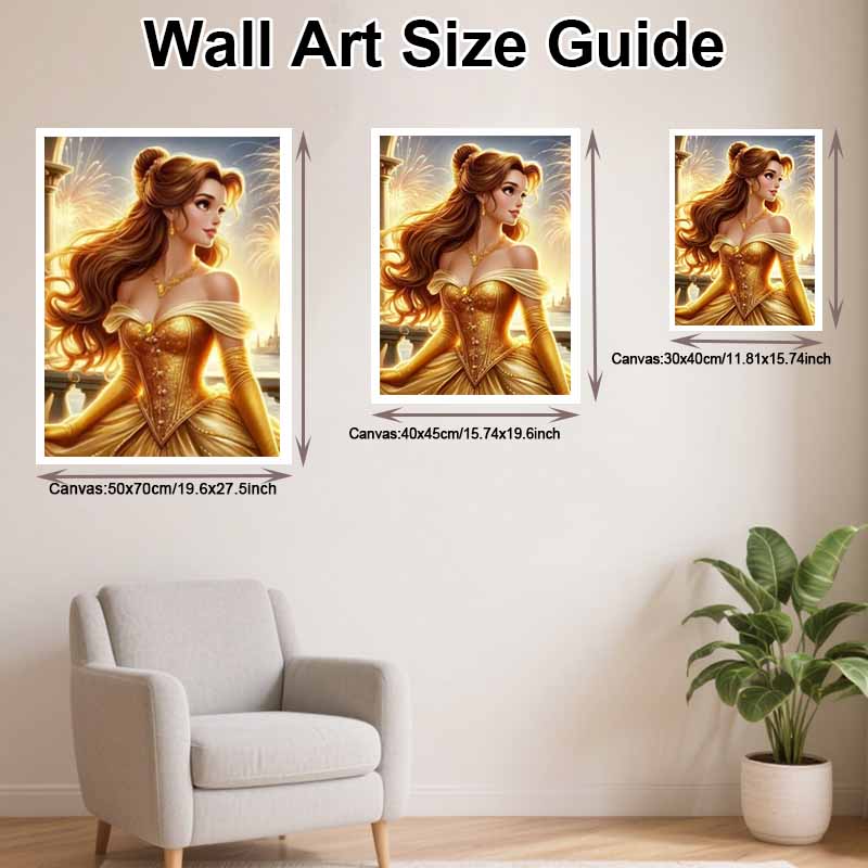 Disney diamond painting 5D round diamond full of diamonds diy handmade stickers, home decoration paintings with Belle golden dress and fireworks.