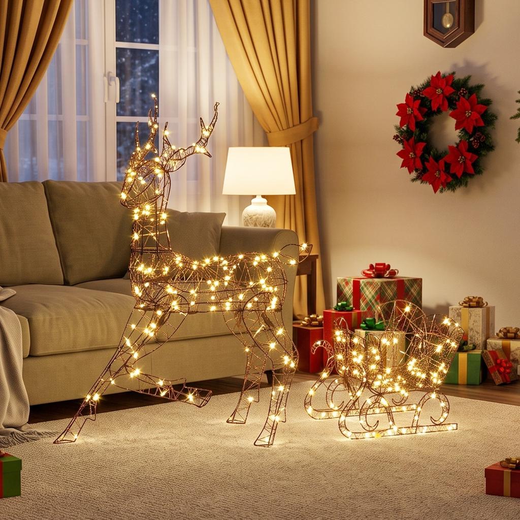 Illuminated Reindeer and Sleigh Set, 2-Piece Outdoor Christmas Decoration Made of Poly Rattan, with LEDs, 8 Modes, Timer