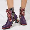 Fashion Women's Short Boots Flower Printed Patchwork Round Toe Thick Bottom Women Shoes Fashion Chunky High Heel Belt Buckle Botas Mujer