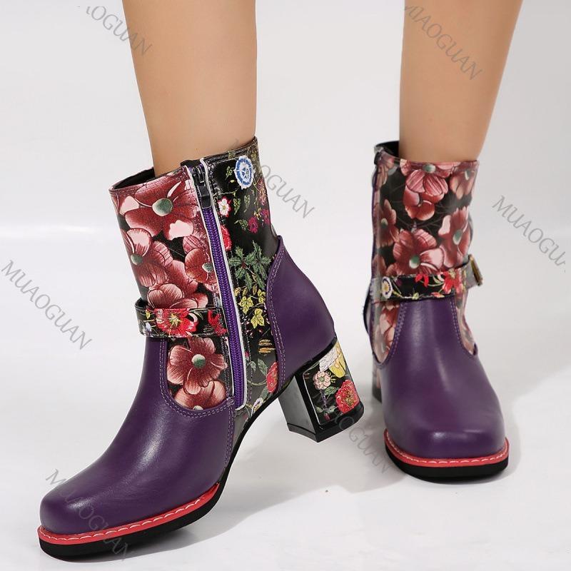 Fashion Women's Short Boots Flower Printed Patchwork Round Toe Thick Bottom Women Shoes Fashion Chunky High Heel Belt Buckle Botas Mujer