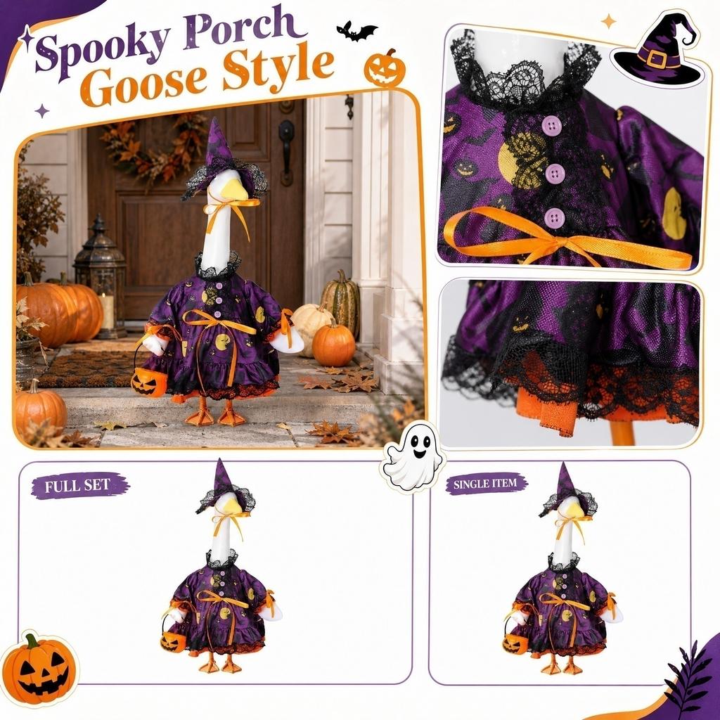 Porch Goose Halloween Costume Set with Witch Dress Hat and Pumpkin Bucket Decorative Holiday Outfit for Indoor Outdoor Display