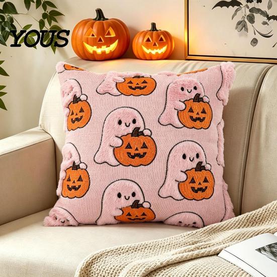 Cozy Bedroom Cushion Cover Ghost Pumpkin Cover, Halloween Throw Pillow Cute Gift Ideas Embroidered Case, Soft Plush Pillowcase for Couch Sofa Holiday
