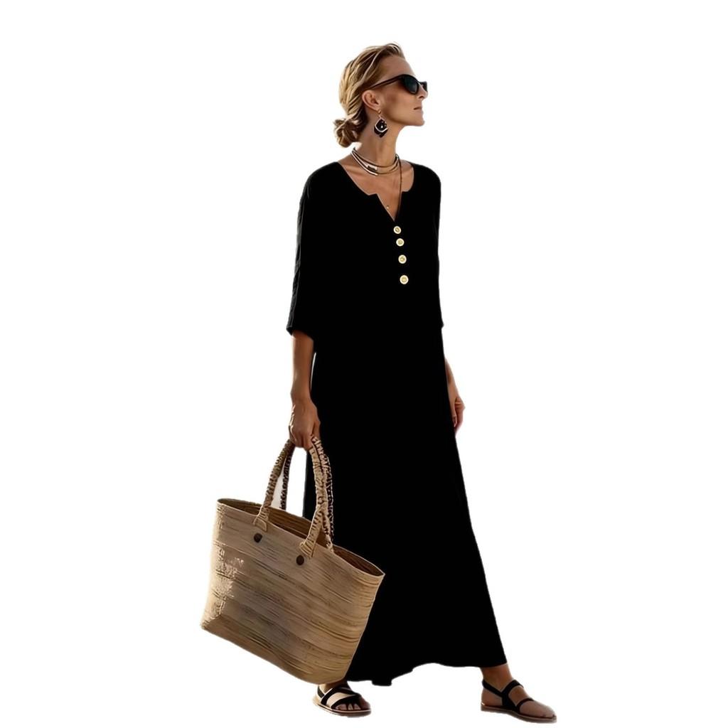 Elegant Long Sleeve A Line Dress With Button Detail For Casual Travel And Daily Wear