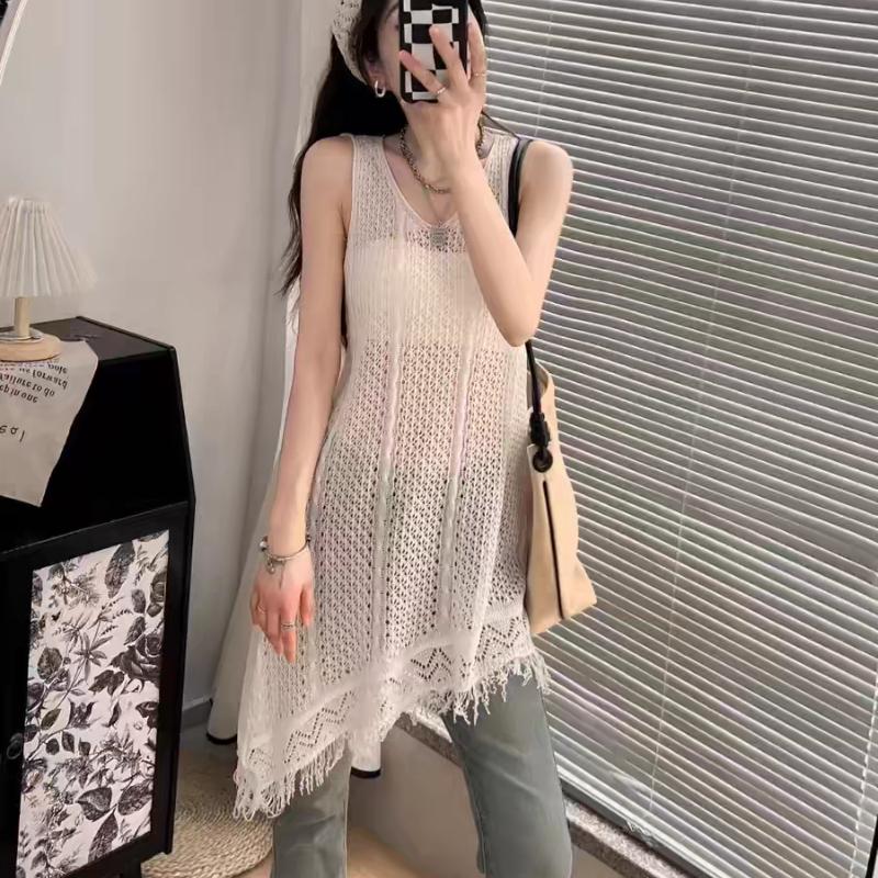 

Летний женский трикотажный свитер-пуловер без рукавов, однотонный, с ажурной вязкой и бахромой, длинный топ One Size белый