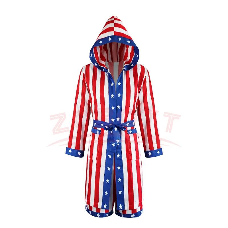Costume de boxe drapeau américain pour adultes, avec Robe courte Rocky Balboa, Costume de Cosplay du jour de l'indépendance