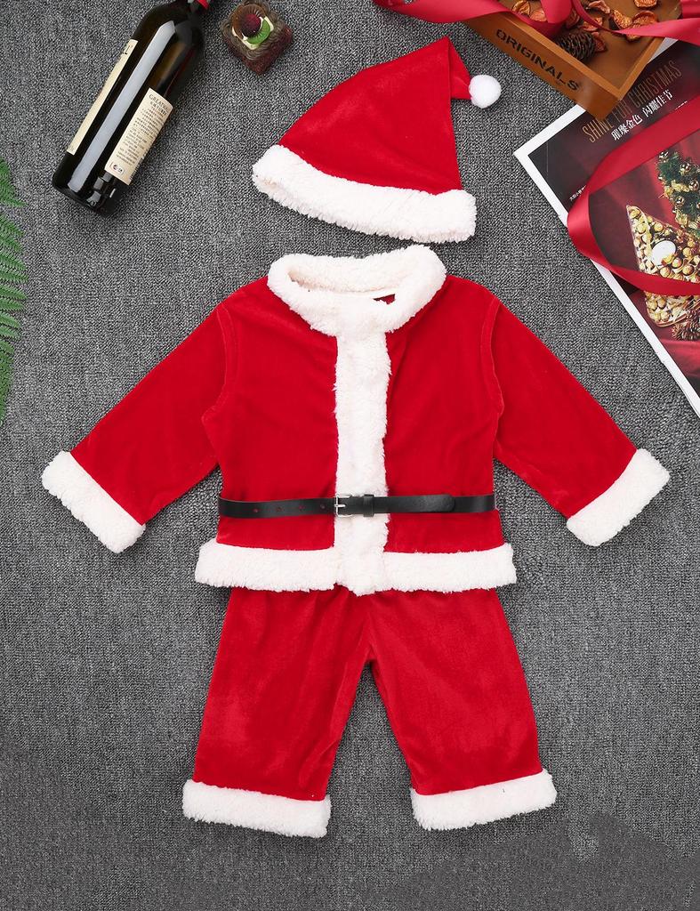 Baby Boys Christmas Santa Claus Costume Outfit Long Sleeves Velvet Top + Trousers Set