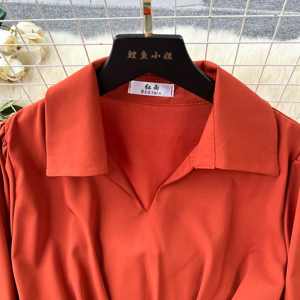 Vintage Spring Autumn Women Dress French Turn-down Collar Full Sleeve Solid Color A-line Female Long Shirt Dresses
