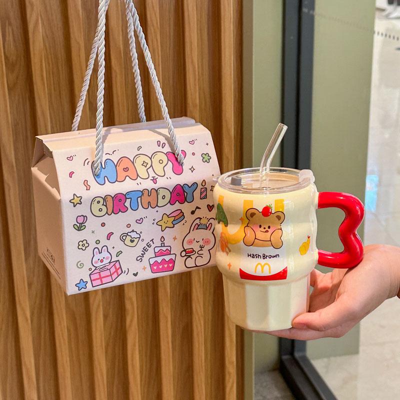 Milk Fufu Cute French Fries Straw Cup Girls' High-value Ceramic Mug for Girlfriends Birthday Gift Souvenirs