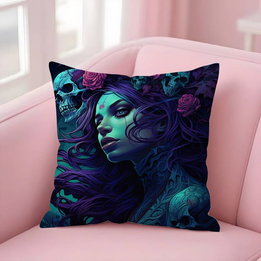 Poszewka na poduszkę Dziewczyna Cukrowa Czaszka Halloween Krótki plusz Dwustronny nadruk Kwadratowe poszewki na poduszki dekoracyjne Sofa Domowa Dekoracja poduszką