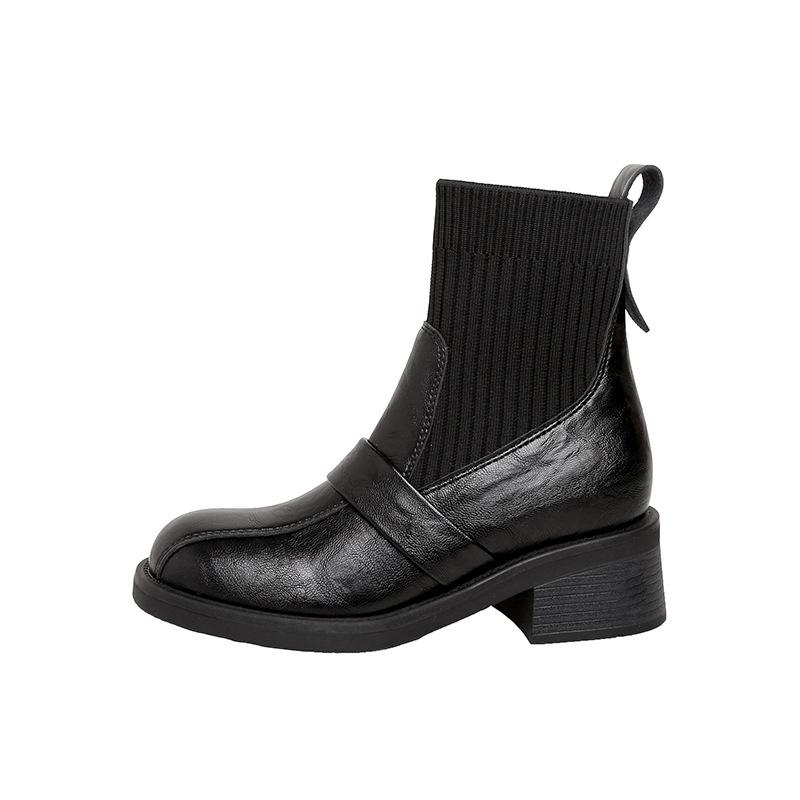 Leder hohe Absätze Britische Kurzstiefel Damen Neu Retro Braun Quadratische Spitze Dicke Ferse Elastisch Dünne Stiefel Sockenstiefel
