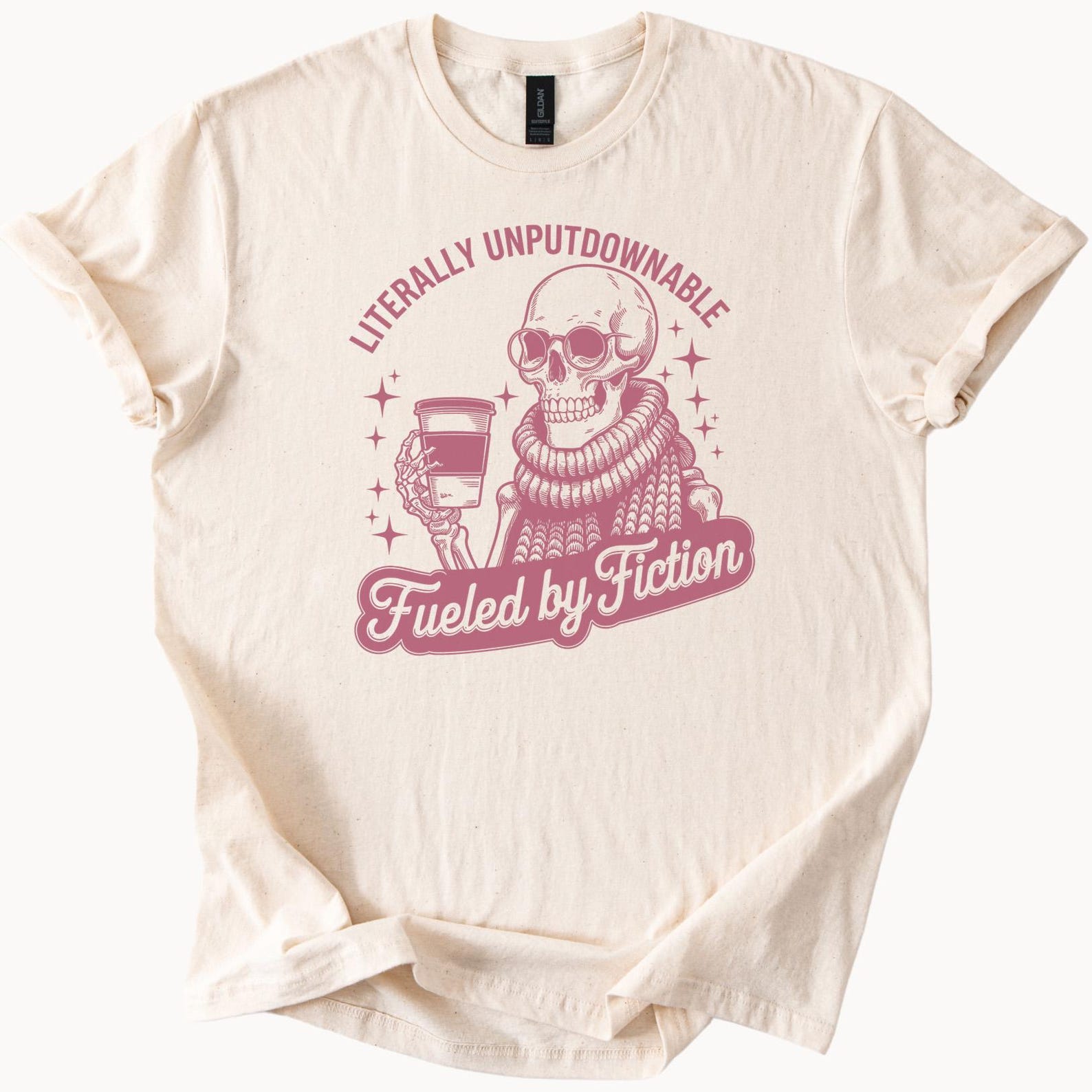 Literally Unputdownable Fueled by Fiction Skeleton Coffee Book Lover Graphic T Shirt Reading Gift Skull Holding Coffee Tee 150