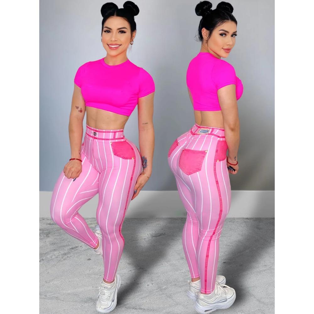 High-Waisted Denim-Effect Print Yoga Trousers Stylish and Sensual Sports Fitness Pants for Women