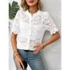 Womens Lace Crochet Short Sleeve Blouse With Round Neck Button Down Casual Hollow Out Top