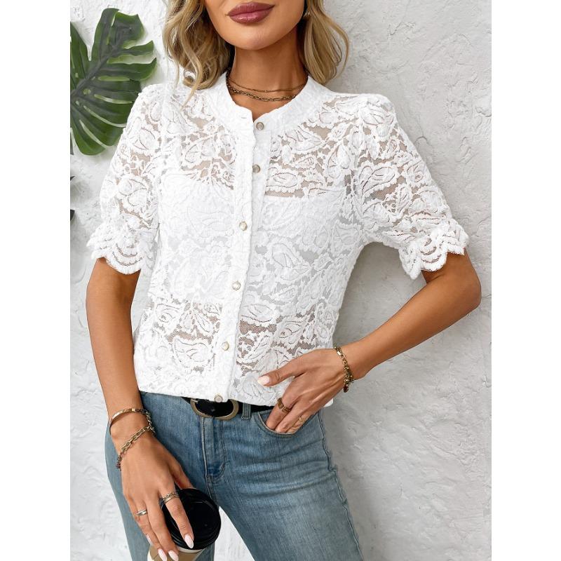 Womens Lace Crochet Short Sleeve Blouse With Round Neck Button Down Casual Hollow Out Top
