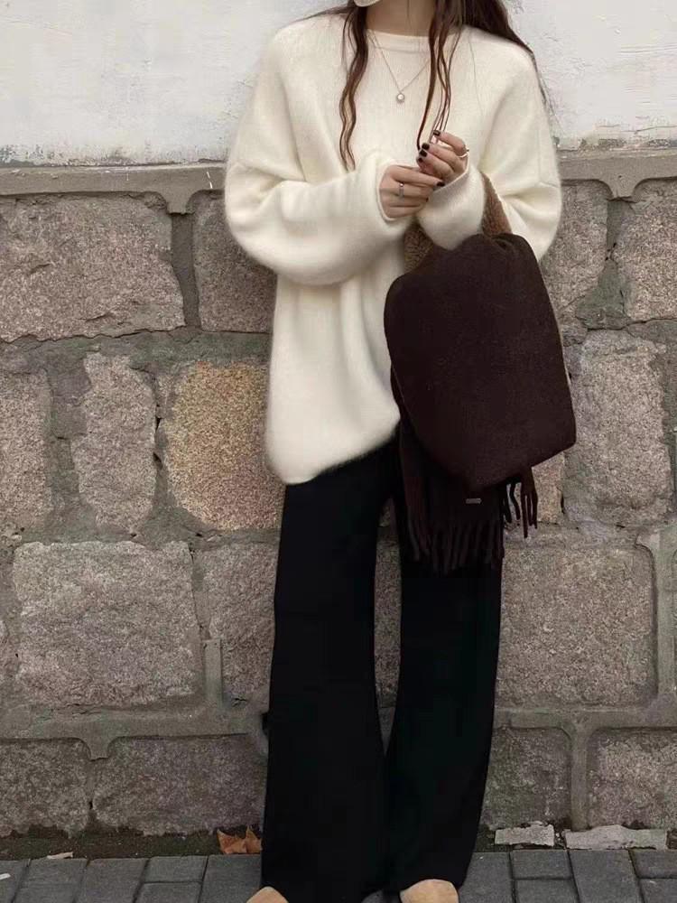 Women's 100% Australian Wool Wide-Leg Pants - Extra Long Cashmere Knit for Autumn/Winter