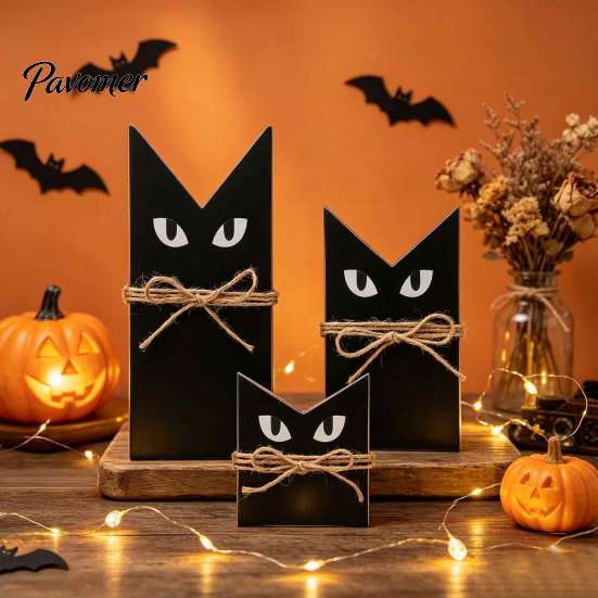 Desktop Window Display 3 Pcs Halloween Black Cat Wooden Block Sign, Vintage Table Decoration Tabletop Ornament with Burlap Rope, Rustic Farmhouse