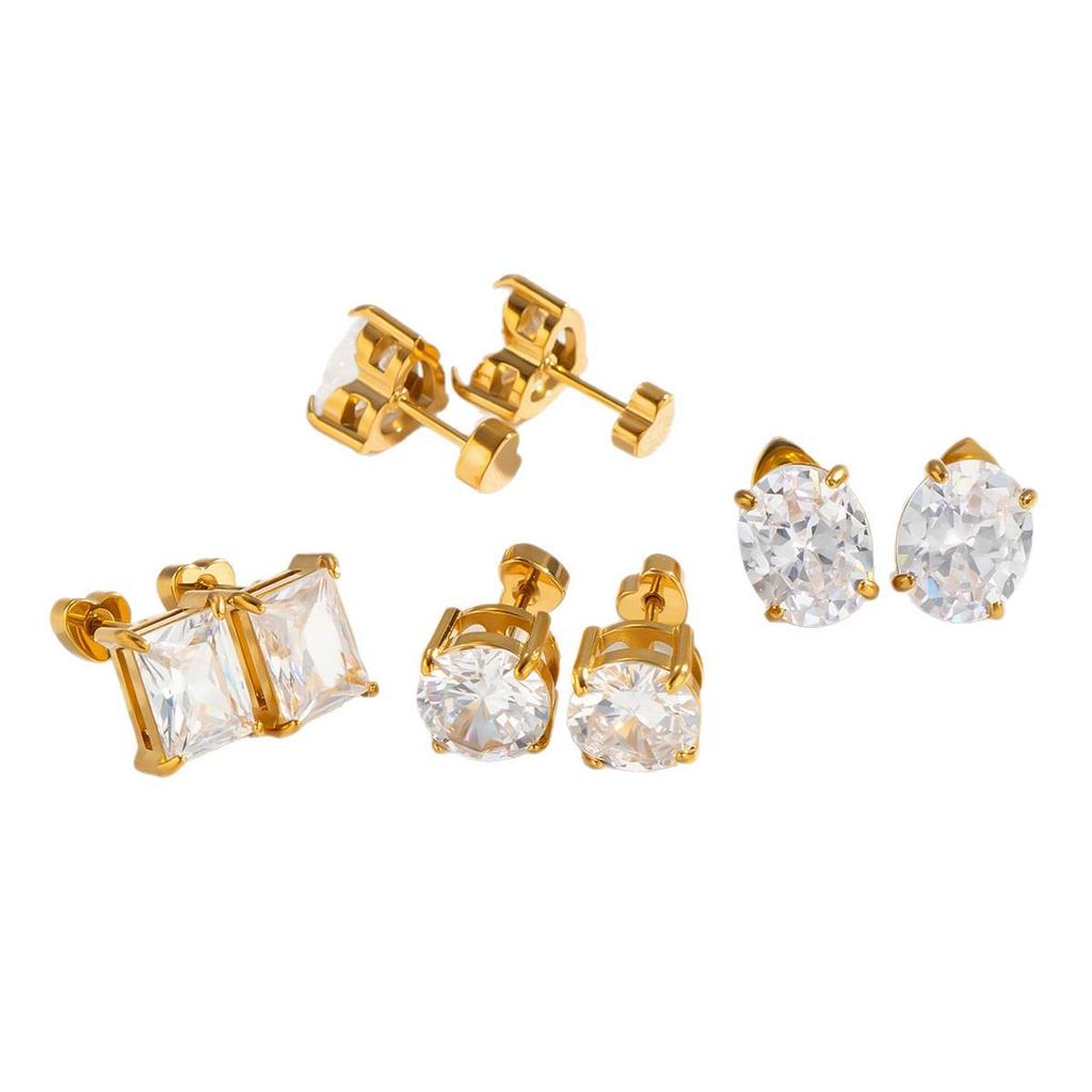18K Gold Zirconia Stud Earrings - Niche, Simple, Colorfast Titanium Stainless Steel Ear Jewelry