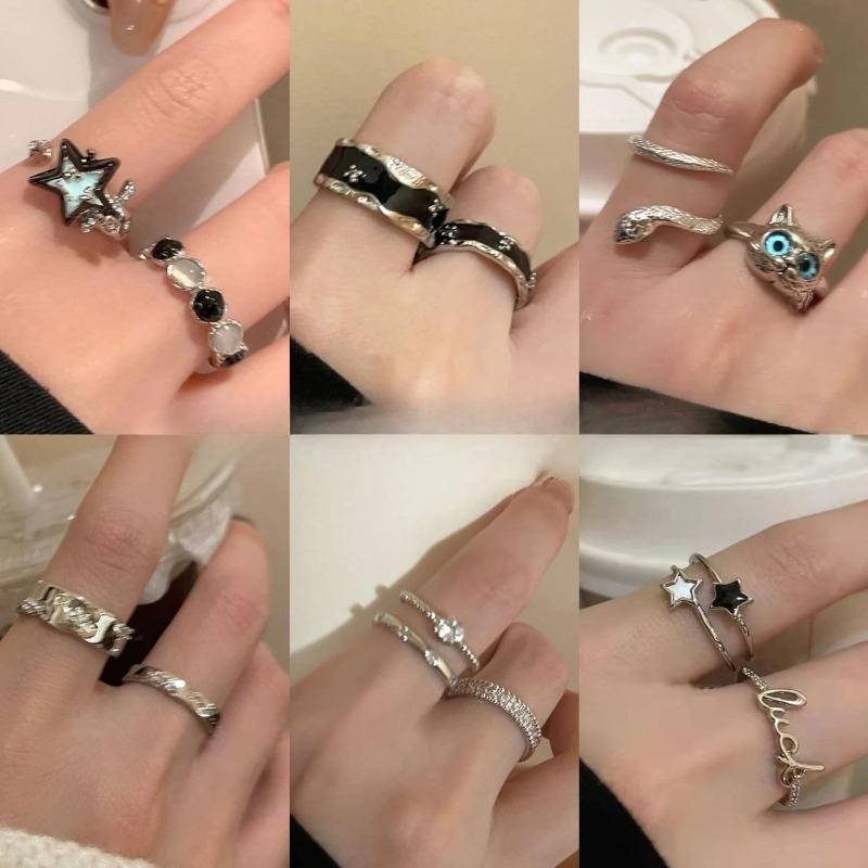 Fashion Y2k Accessories Open Ring Star Zircon Crystal Rings for Women Girls Double Layer Aesthetic Grunge Jewely Set