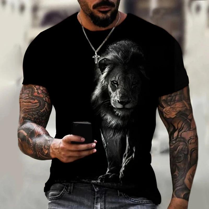 Summer Round Neck 3D Lion Print Top Fashionable Casual Short Sleeved Men's T-shirts