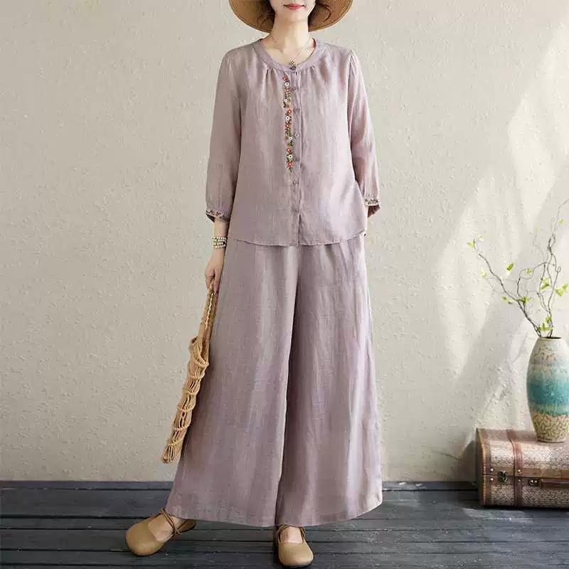 Ladies Summer Chinese Style Embroidery Casual Suit Loose Shirt + Casual Pants Two Piece Set