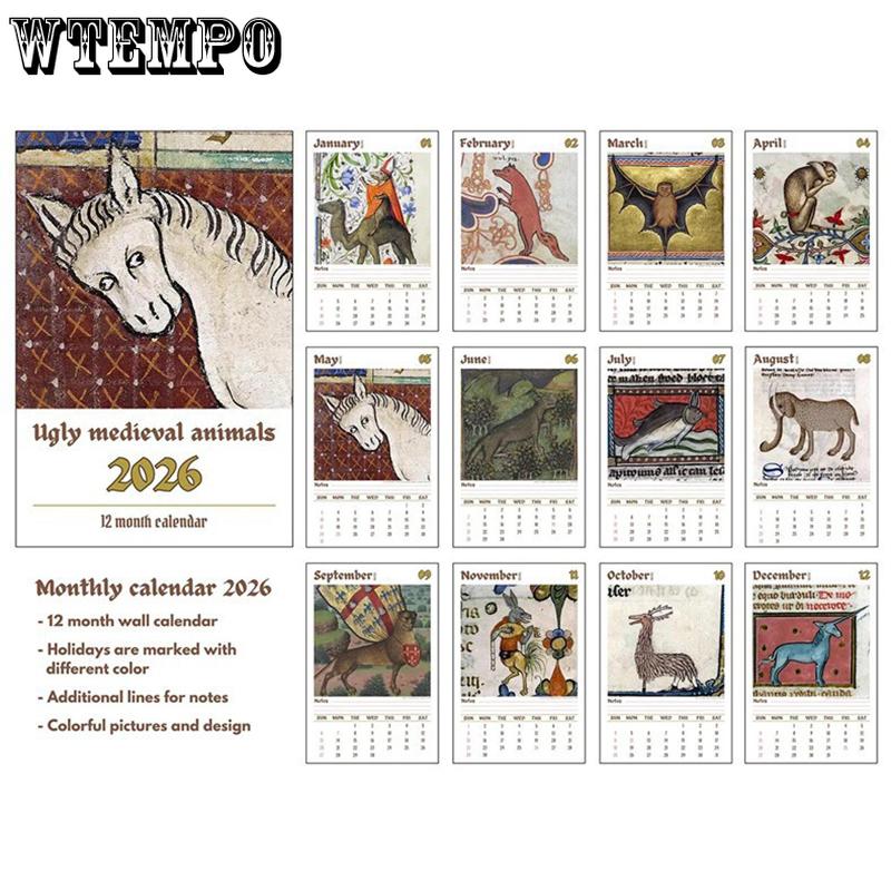 WTEMPO Ugly Medieval Animals Printed 2026 Funny Wall Calendar 12-Month Spiral Wall Planner with Thick Paper Monthly Layouts Humorous Pattern Design