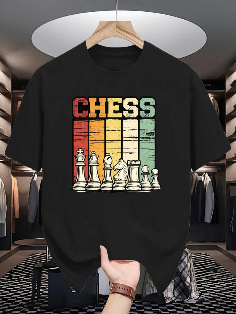 Retro Distressed Chess Pieces Graphic Unisexs Crew Neck T Shirt Board Game Print Short Sleeve Casual Cotton Daily Street Tops