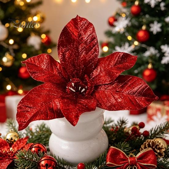 Christmas Flower Ornament Artificial Poinsettia with Stem, Glitter Faux for Seasonal Floral Decor Party, Red Xmas Tree, Wreath Decoration Layered