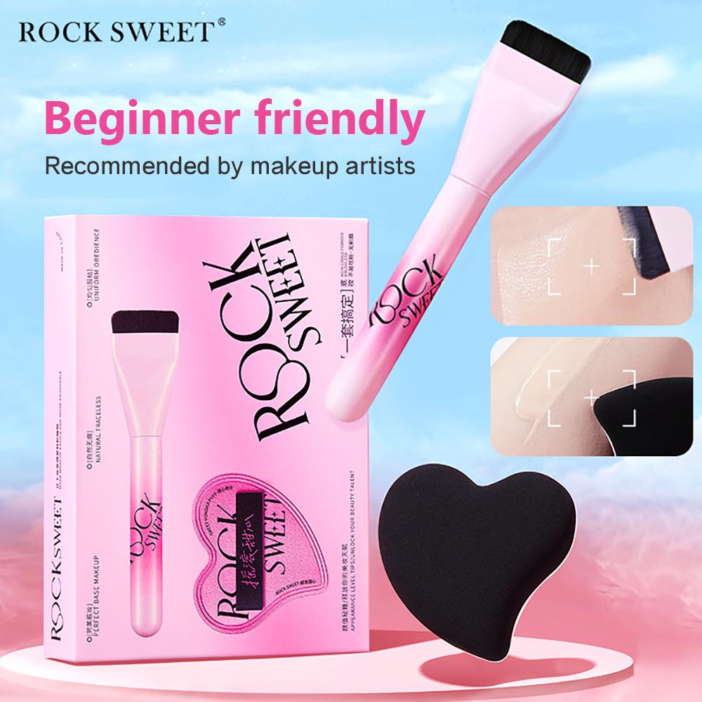 ROCK SWEET Flat Foundation Brush & Sponge Puff Set Soft Reusable Foundation Brush Powder Puff Set for Liquid Cream Powder