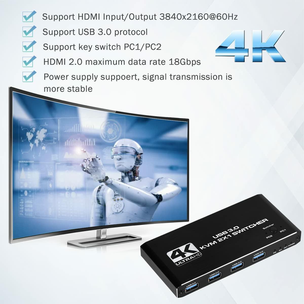 

K2 4K 60 Гц USB 3.0 KVM-перемикач 2 входи 1 вихід Адаптер для керування двома комп ютерами As Shown A